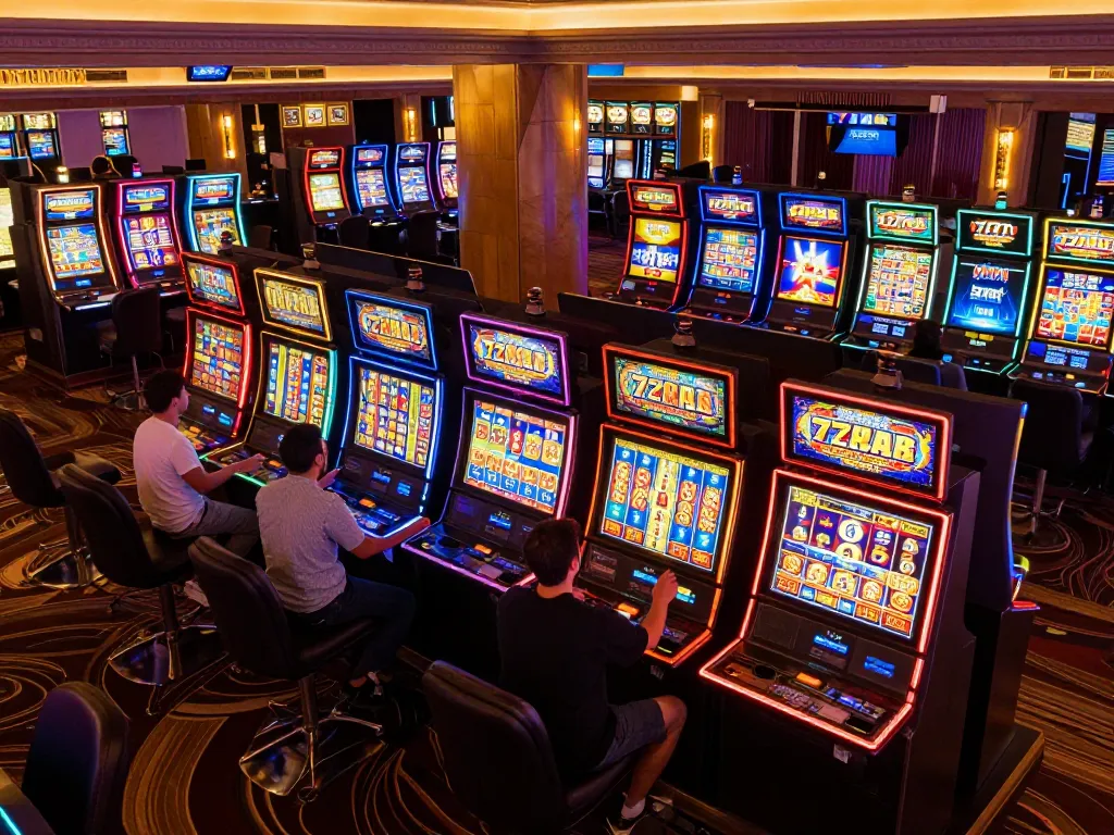 Pemain terlibat dengan mesin slot777 yang cerah di suasana kasino yang hidup