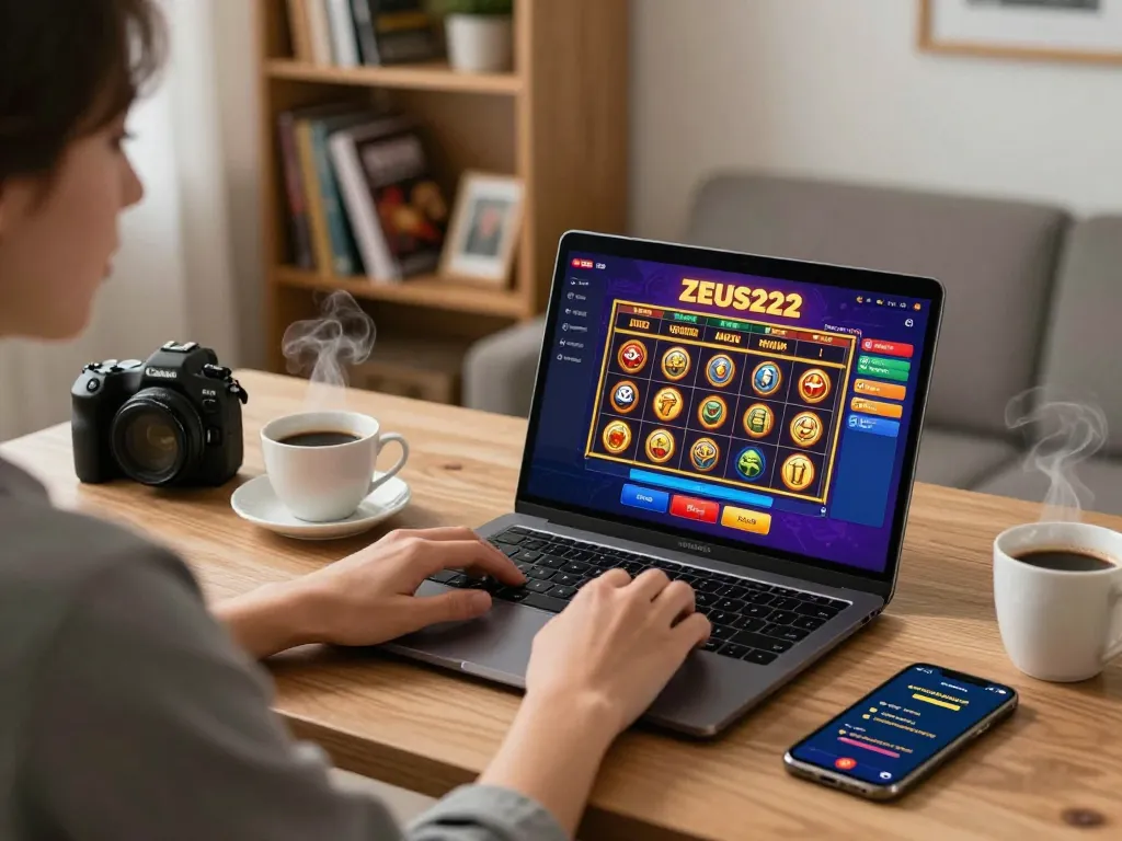 ZEUS222 online casino gaming setup, engaging in exciting slot game alongside strategy notes.