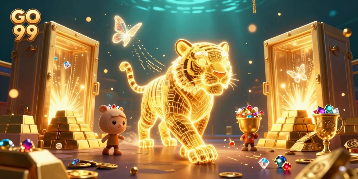 Experience the excitement of GO 99 with a 3D cartoon golden tiger in a vibrant casino landscape.