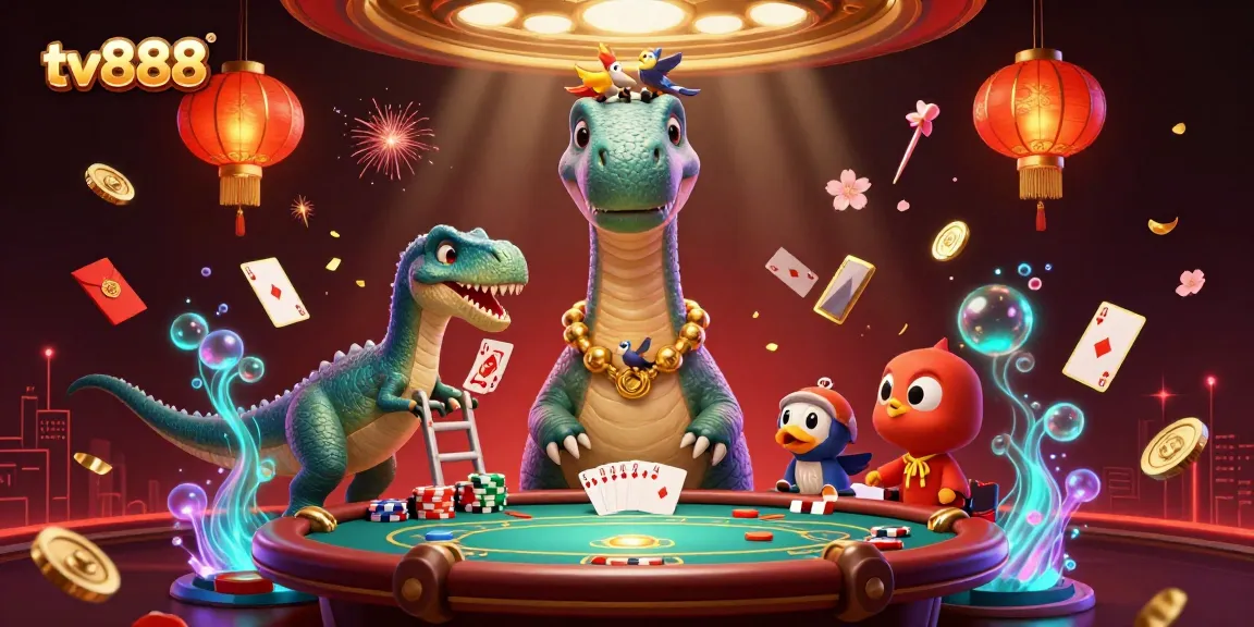 Experience the excitement of poker at tv888 with the dynamic casino scene featuring vibrant characters and elements.