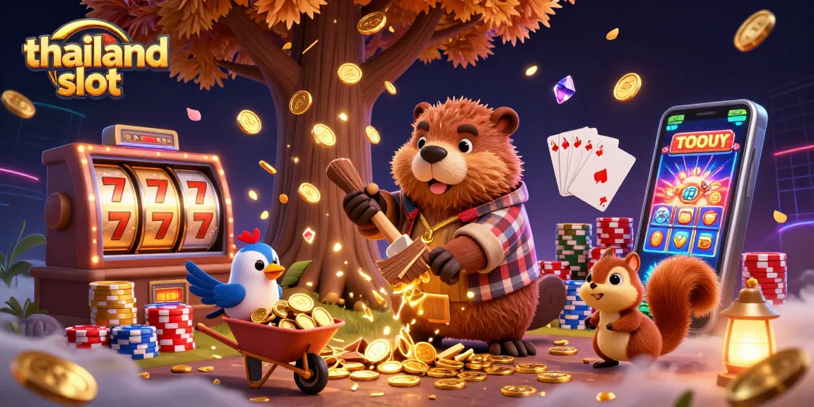 Engage in thrilling gameplay with thailand slot while cascading coins and vibrant casino elements surround lively characters.