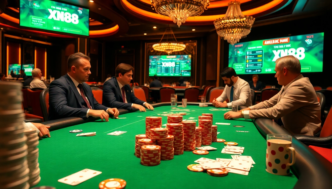 Exciting tin tức xn88 updates with players engaged in a high-stakes poker game at a luxurious casino table.
