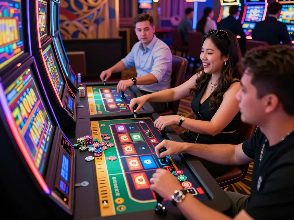 Pemain berinteraksi dengan mesin Bandar Togel Slot, lingkungan kasino yang terang benderang, fokus pada kegembiraan dan strategi.