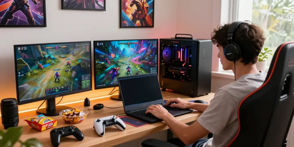 Pemain menggunakan laptop di rumah, merasakan keseruan bermain di pohon4d dengan suasana nyaman.