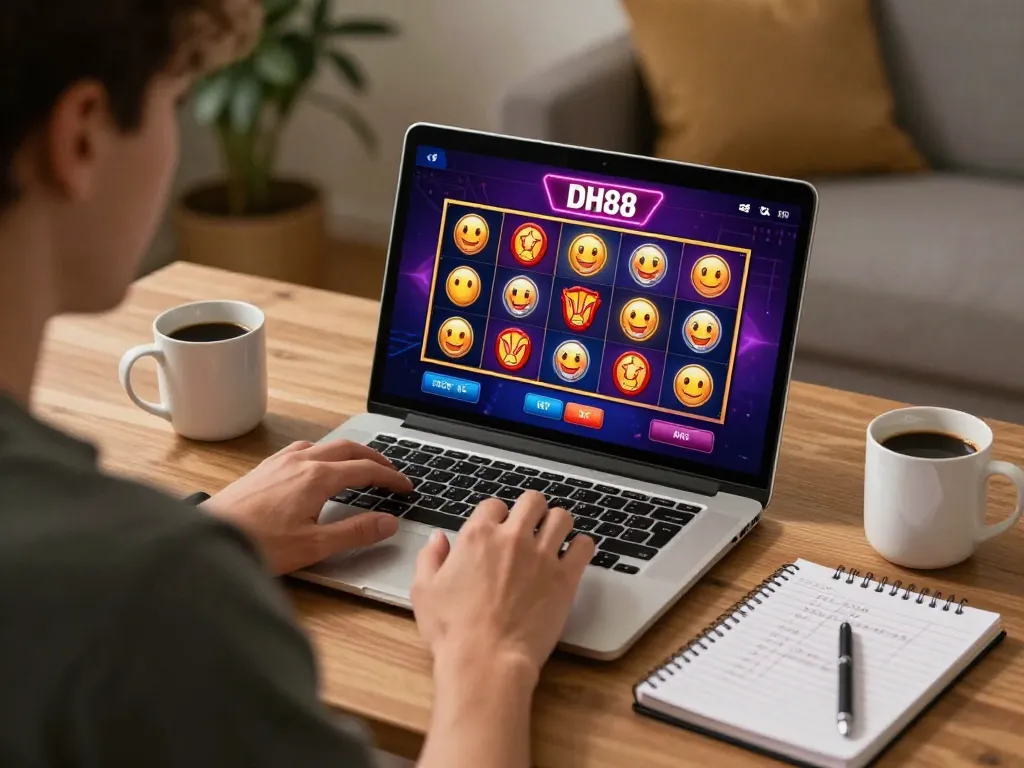 Player explores thrilling DH88 online casino slots strategy in a cozy home setting.