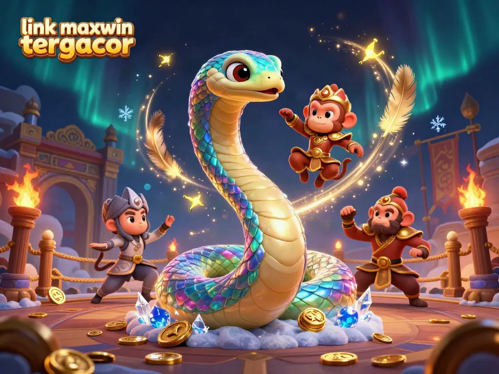 Engage with the vibrant world of link maxwin tergacor featuring a rainbow serpent and playful monkey king in a magical casino setting.