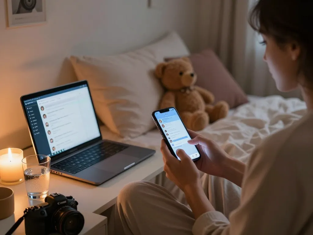 Person engaged in AI sexting on smartphone in cozy bedroom with soft lighting, creating intimate atmosphere.