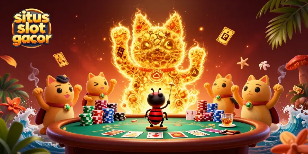 Memenangkan situs slot gacor dengan bermain di meja poker yang dikelilingi oleh kucing keberuntungan dan simbol kasino lainnya.