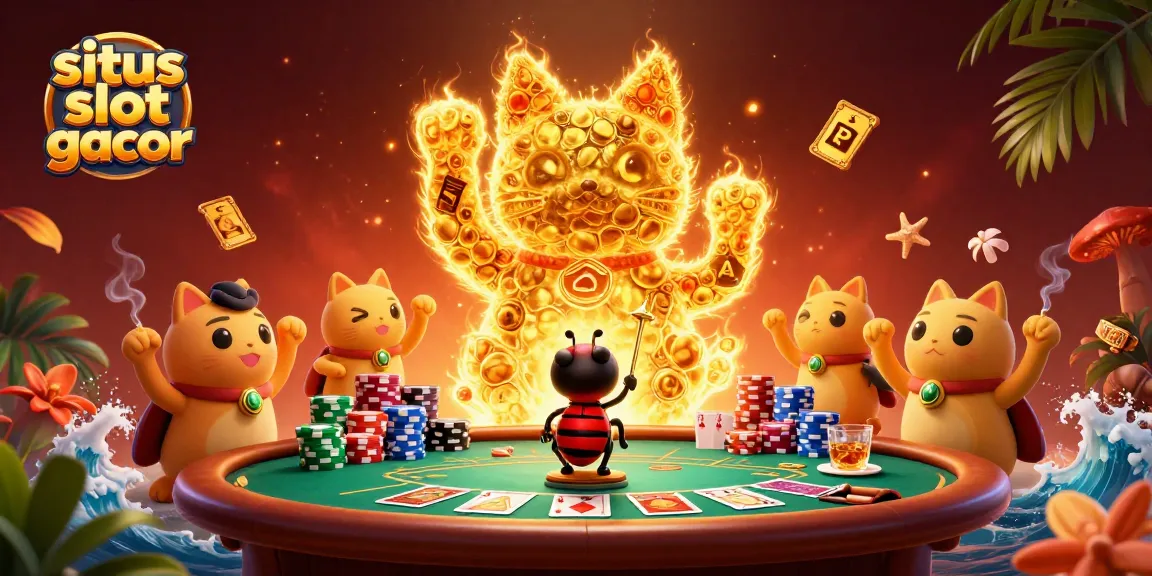 Memenangkan situs slot gacor dengan bermain di meja poker yang dikelilingi oleh kucing keberuntungan dan simbol kasino lainnya.