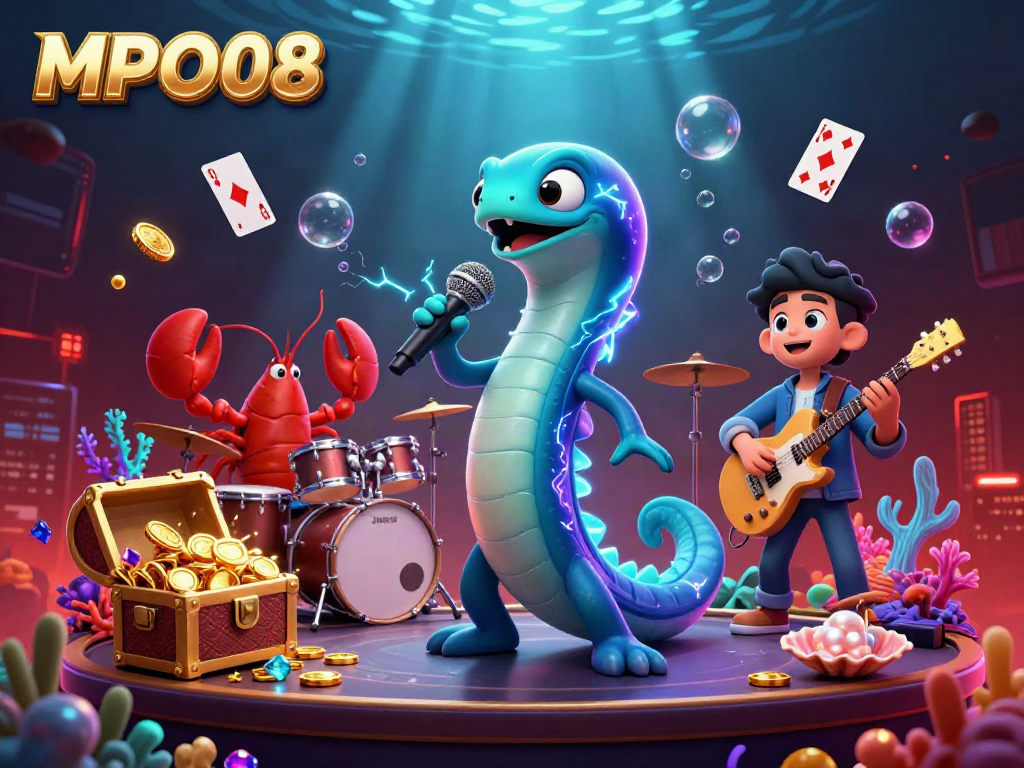 MPO08 showcases an electric eel DJ performing at an underwater casino with vibrant characters and treasure.