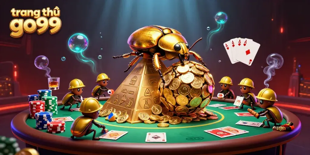 Engage at the trang chủ go99 with a vivid 3D casino scene featuring a golden beetle and poker elements.