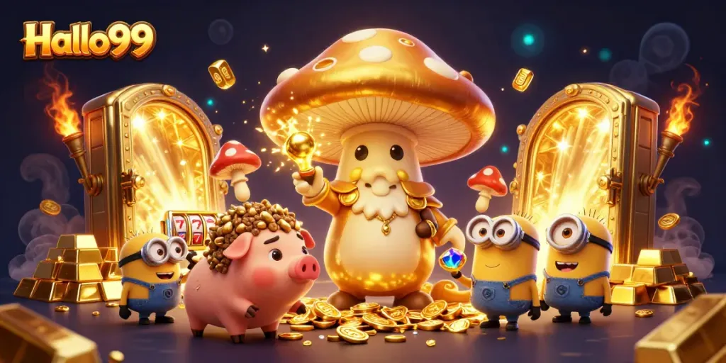 Engage with thrilling games at Halo99, featuring golden treasures, slot reels, and magical elements.