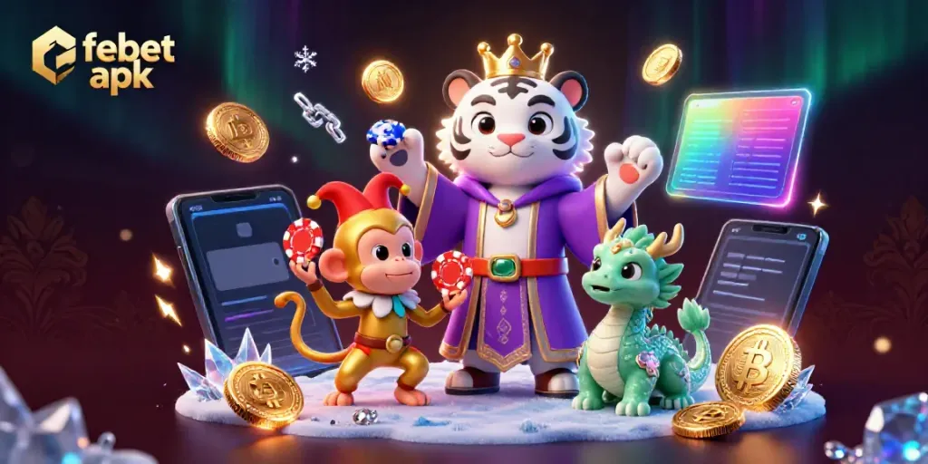 Experience excitement with febet apk in a vibrant casino setting featuring playful characters and crypto elements.