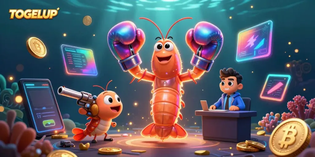 TOGELUP showcases a vibrant underwater casino scene with crypto coins and dynamic sea creatures.