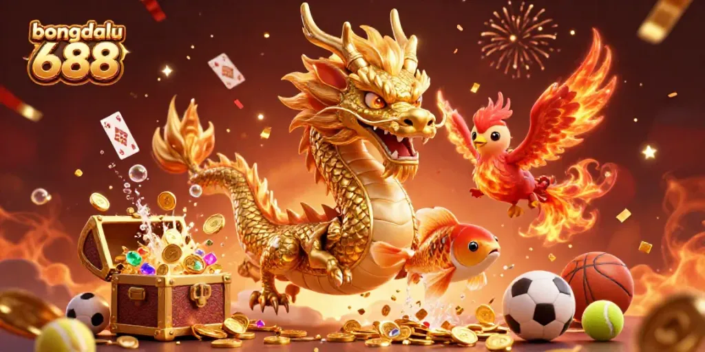 Experience the vibrant energy of bongdalu 688 with golden dragon, phoenix, and koi in a festive gambling-themed scene.