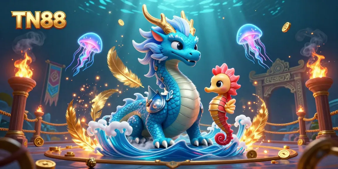 Engage with TN88’s majestic ocean-themed gaming experience featuring a water dragon, coral knight, and jellyfish.