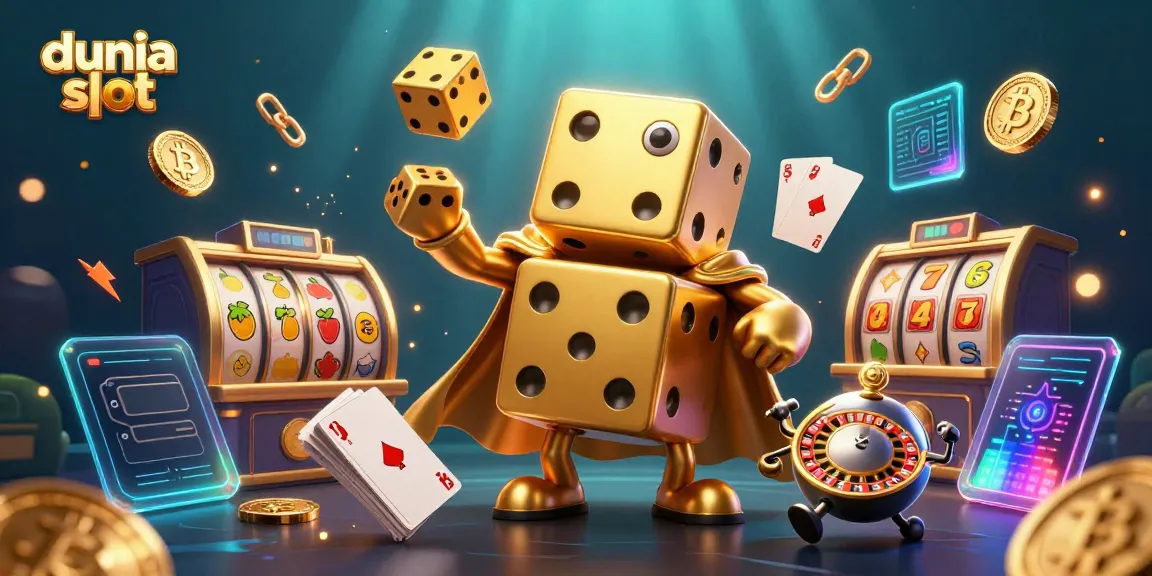 Mengguncang dadu emas yang memainkan permainan dunia slot, dikelilingi simbol kasino berkilau