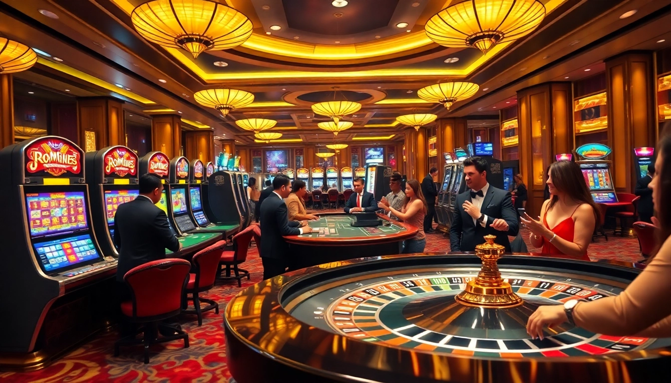 BROMO888's vibrant casino scene featuring thrilling slot machines and exciting roulette action.