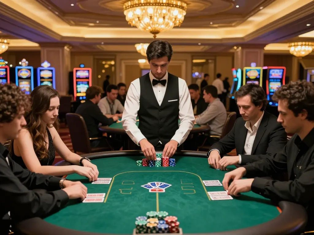 KADAL778 players engaged in a strategic poker game at a luxurious casino table with vibrant chips and attentive atmospheres.