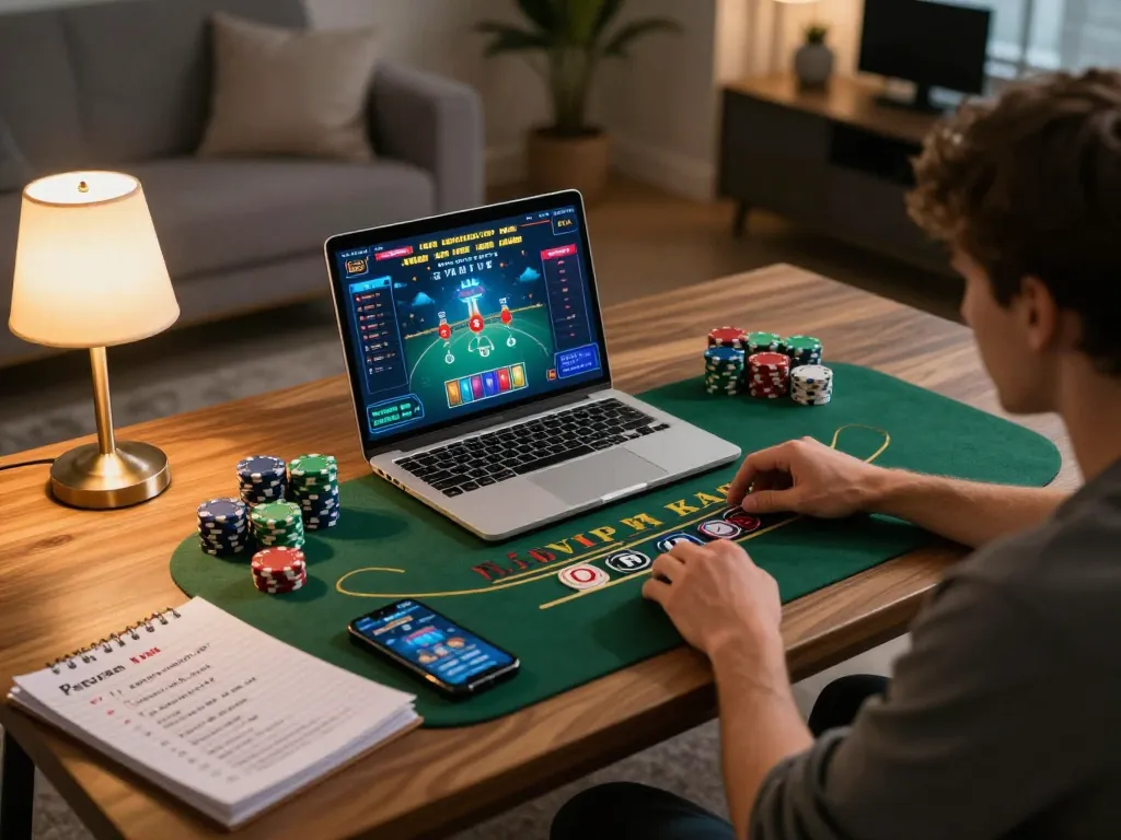 UG88 player using laptop for live dealer blackjack, showcasing strategic betting in a cozy gaming setup
