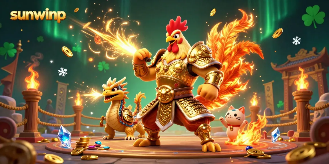 Join the energetic scene with sunwinp showcasing thrilling 3D gaming action featuring a courageous rooster warrior and a dragon hatchling.