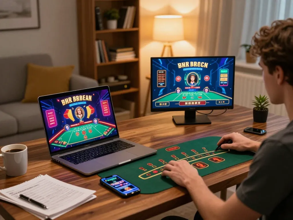 Experience SC88 online blackjack gameplay on a stylish home setup with vibrant casino graphics.