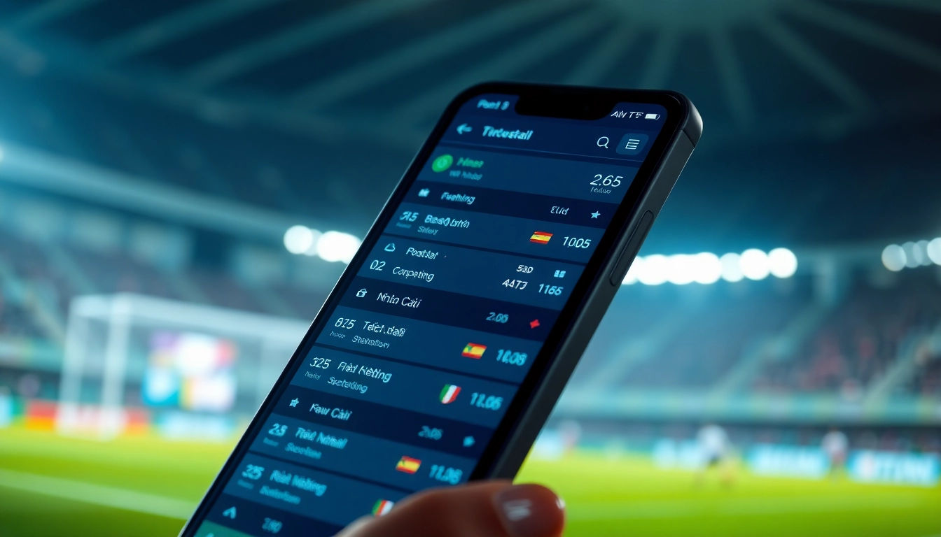 Engaging display of kèo nhà cái odds on a mobile device in a vibrant sports setting.