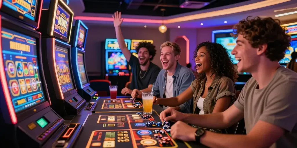 Exciting gaming experience at https://wolfbet-bonus.com/ with friends enjoying a vibrant crypto casino atmosphere.