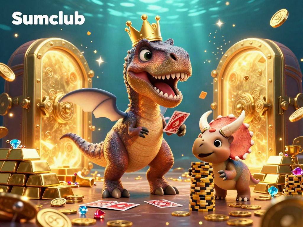 Experience thrilling games with Sumclub's vibrant casino atmosphere featuring friendly dinosaur hosts.