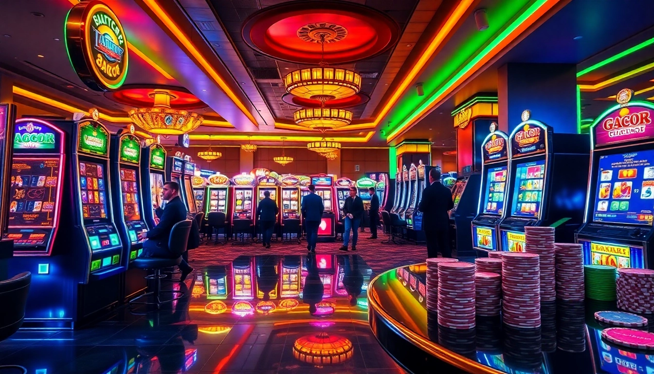 Excited players engaging with slot gacor machines in a vibrant casino ambiance.