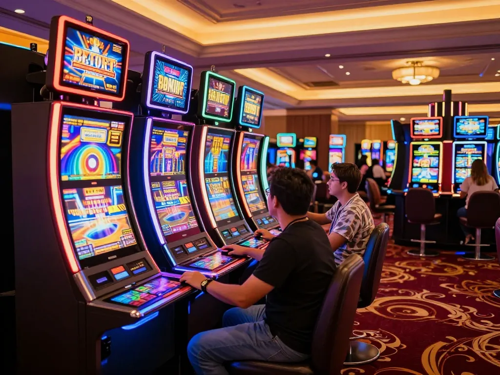 Exciting slot machine action at trang chủ fly88 with vibrant machines and engaged players