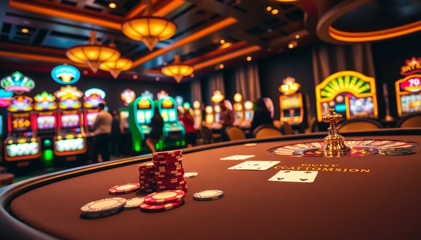 Players enjoy a dynamic gaming experience at 79king's luxury casino tables, showcasing poker and roulette.