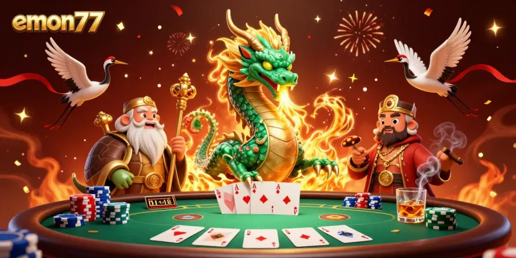 Experience excitement with emon77 as a jade dragon and turtle sage surround poker game elements.