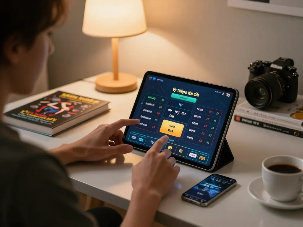 Betting app displaying tỷ lệ kèo nhà cái during an online gambling session on a tablet in a cozy home setup.