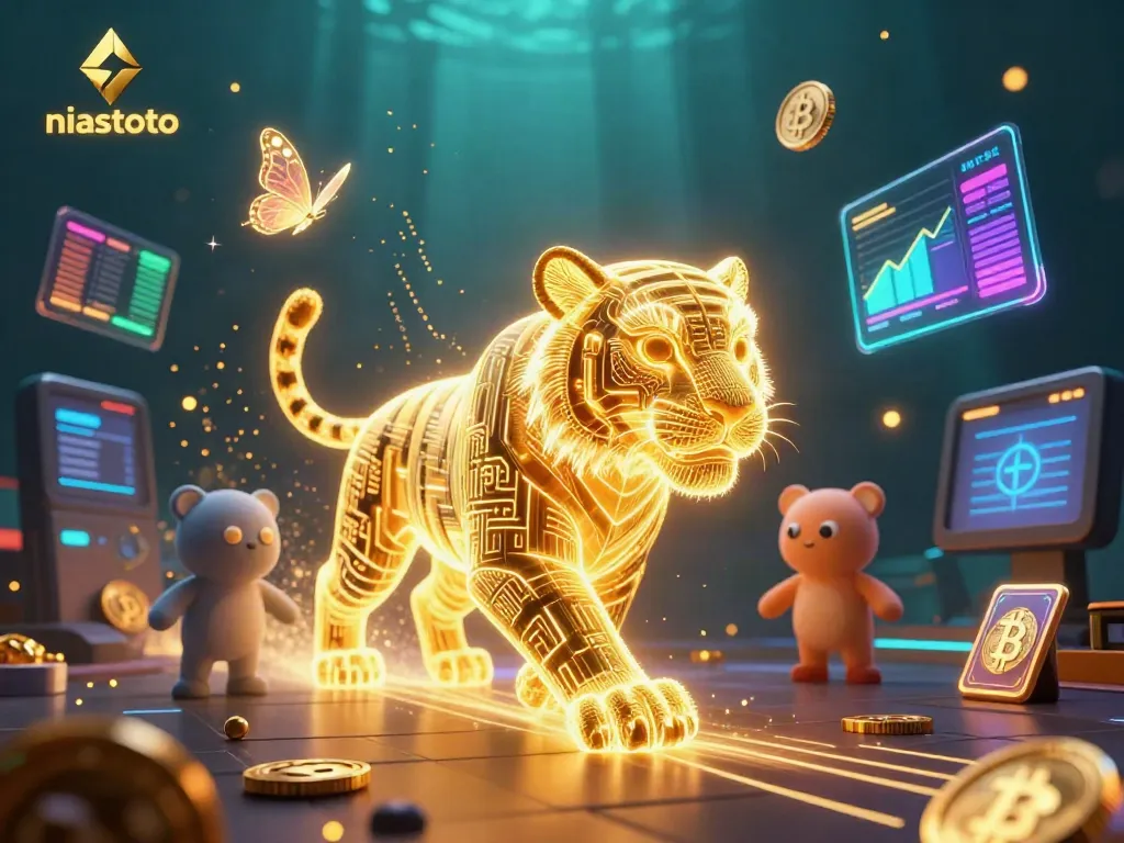Menangkan permainan dengan niastoto, ilustrasi kasino digital dengan harimau dan koin crypto.
