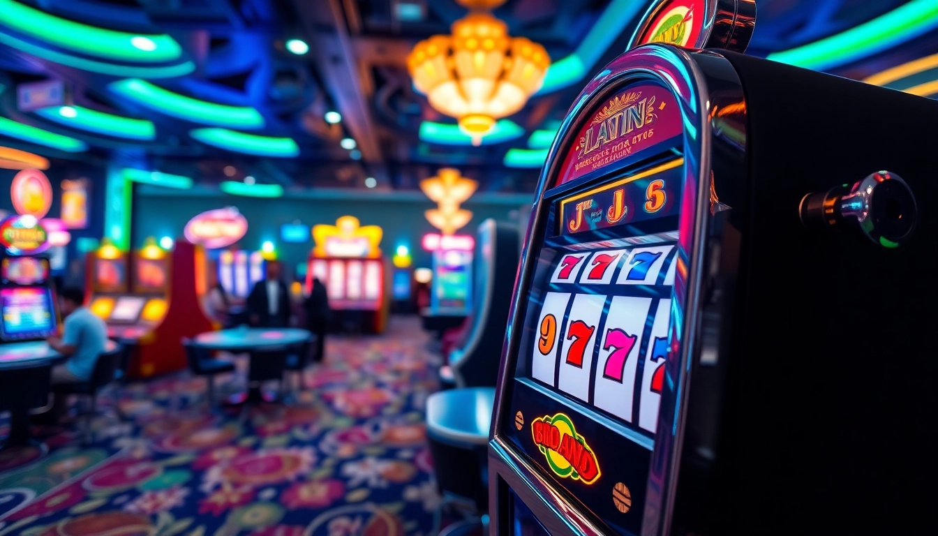 Putaran slot yang menarik di kasino dengan lampu berwarna-warni dan suasana yang ramai.