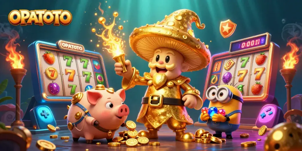 Engage with OPPATOTO's slot machines in a vibrant, magical 3D casino scene filled with treasures.