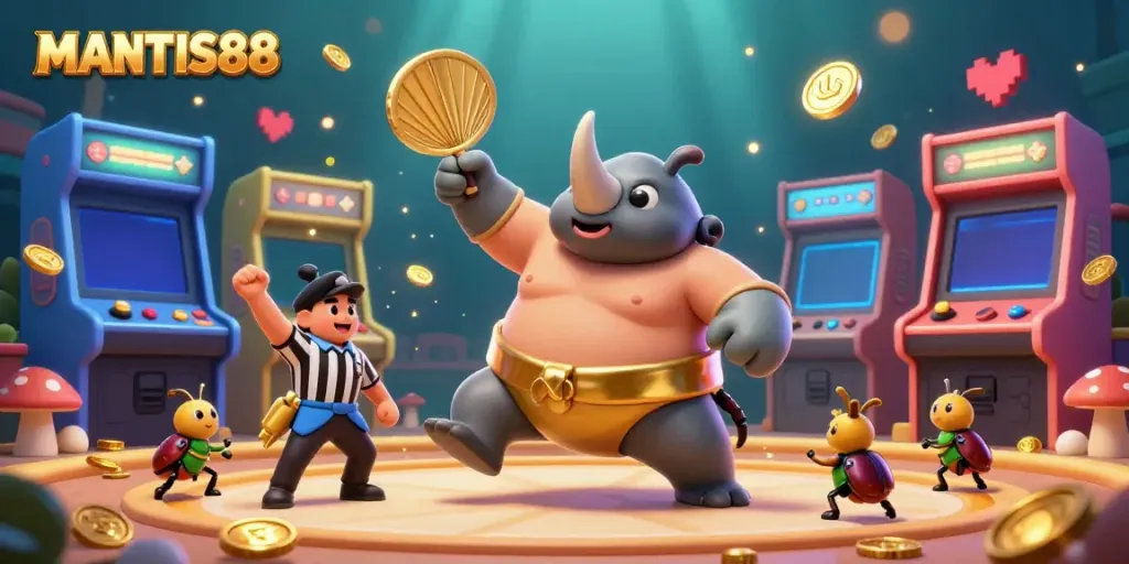 MANTIS88 brings excitement as a rhinoceros beetle champion sends coins flying in a vibrant casino scene.