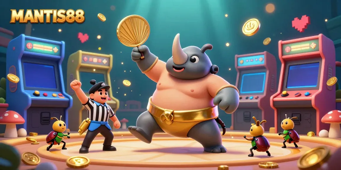 MANTIS88 brings excitement as a rhinoceros beetle champion sends coins flying in a vibrant casino scene.