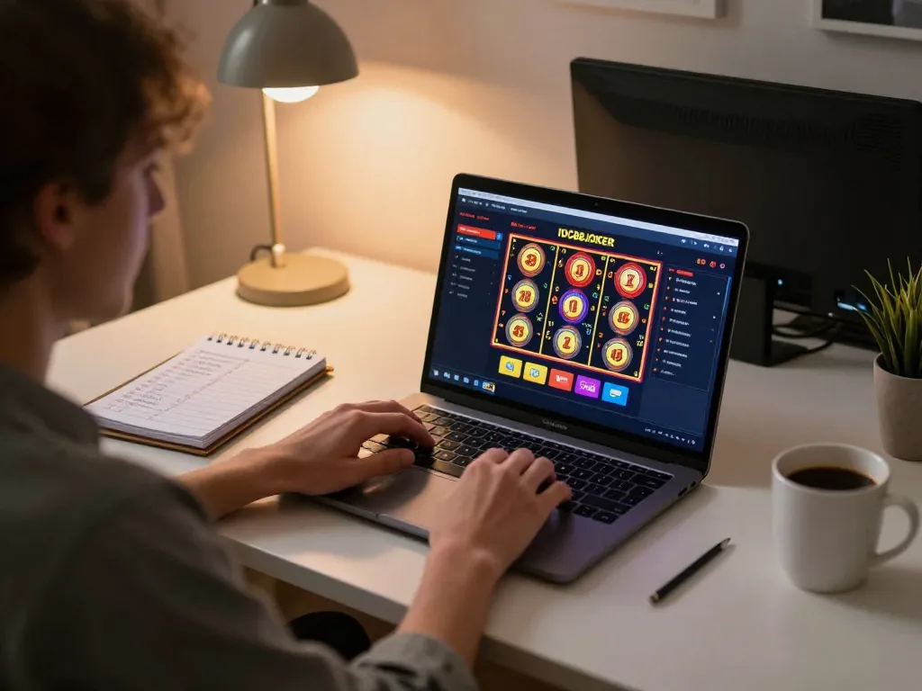 Engaging online gaming scene with IDC88JOKER interface and strategic playing notes visible