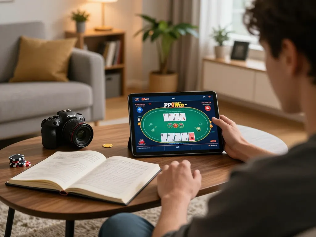 Player engaging with PP9Win Login on tablet, showcasing strategic gameplay in a cozy home setting.