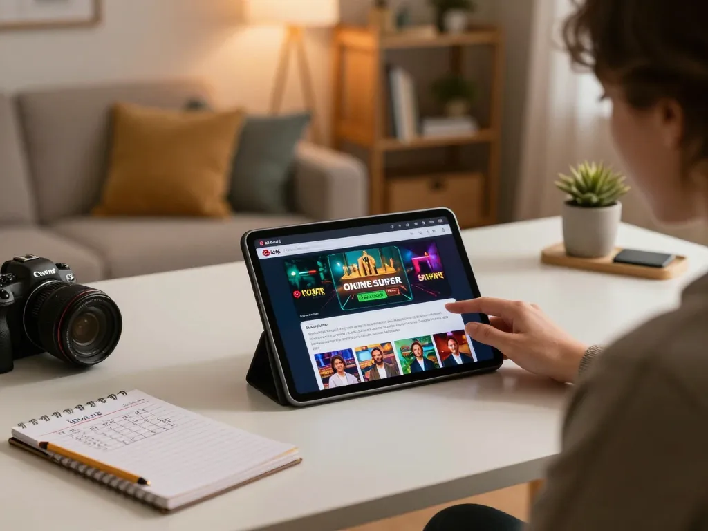 Engaging with LGOSUPER on a tablet during a cozy home gaming session, showcasing strategic betting.