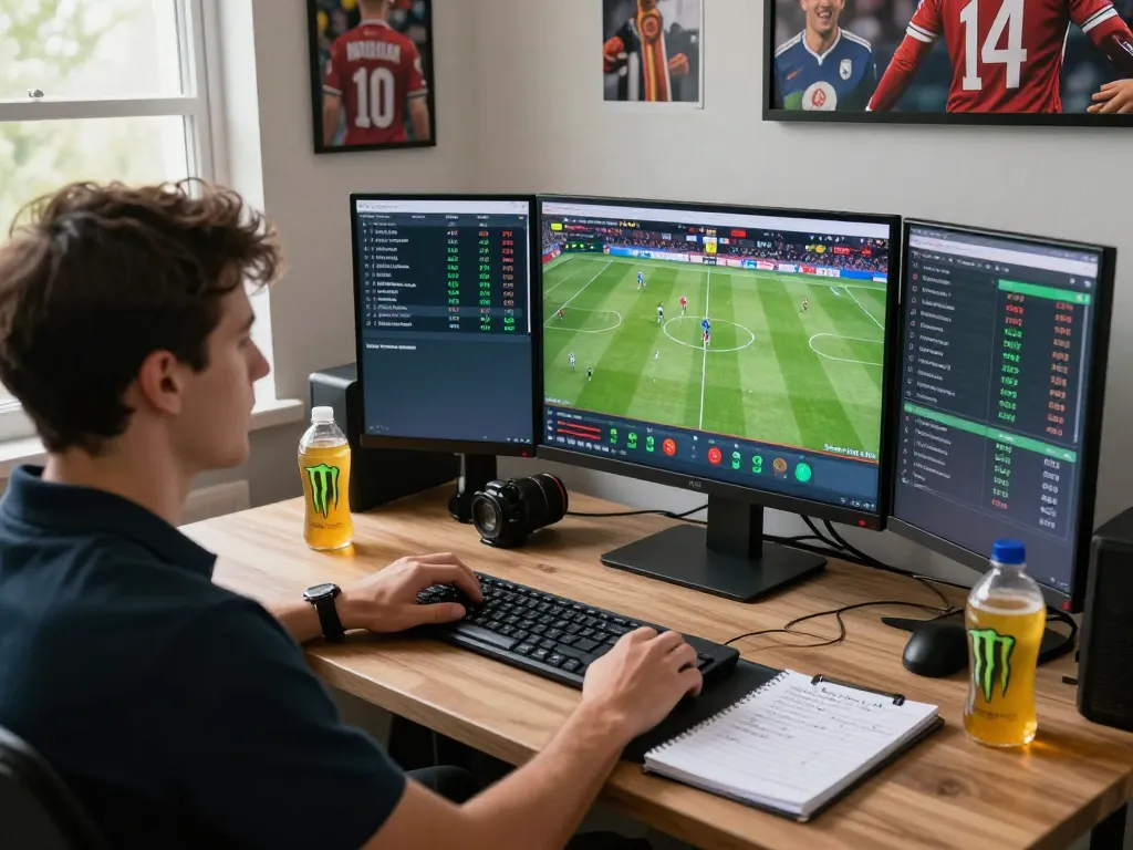 Engaged bettor analyzing kèo nhà cái with multiple screens and sports memorabilia.