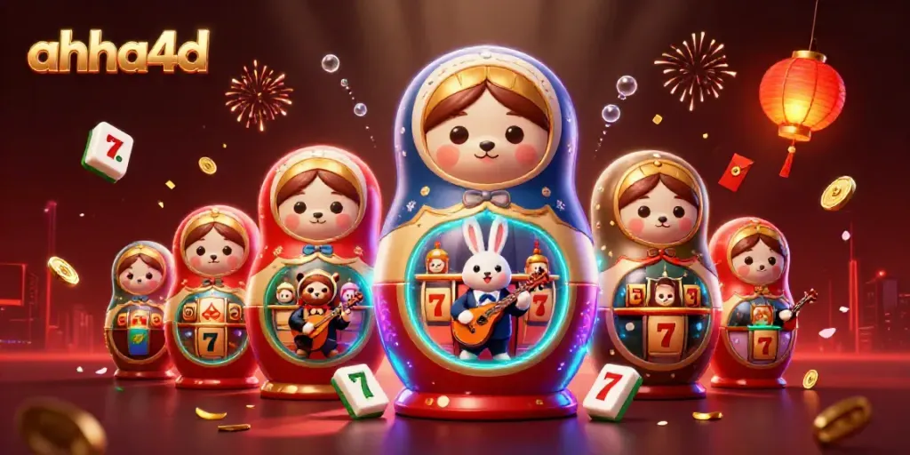 Ilustrasi 3D ahha4d dengan beruang Matryoshka dan elemen kasino yang menakjubkan.
