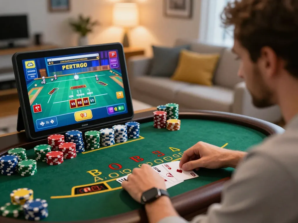 Player engaging in a live dealer blackjack game on rokok88 tablet, showcasing strategy and excitement