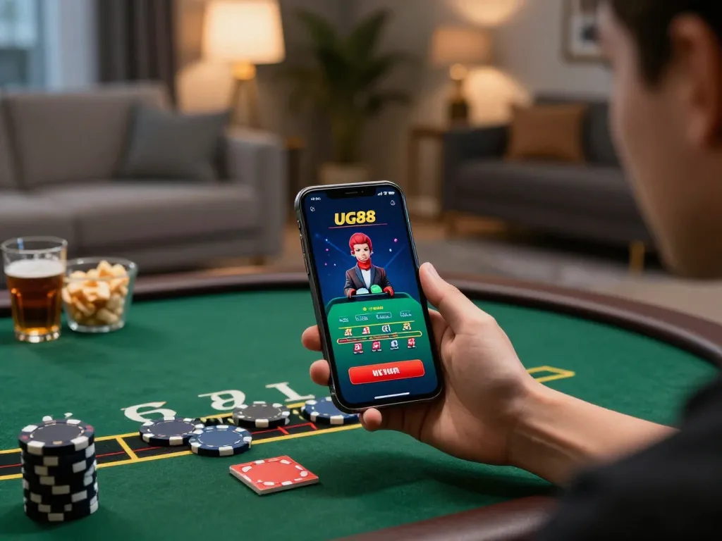 Player using UG88 mobile app for live blackjack gaming in a cozy home environment.