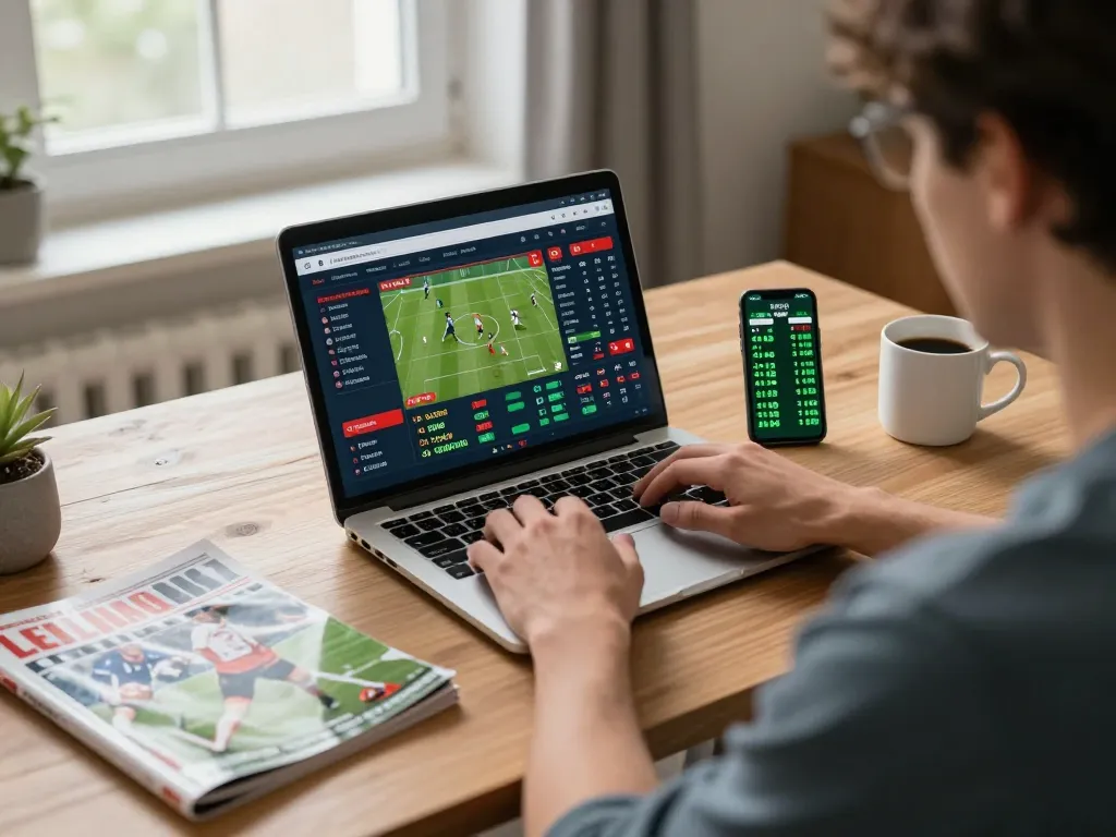 Person engaging in kèo nhà cái betting on a laptop at home, showcasing live betting interface.