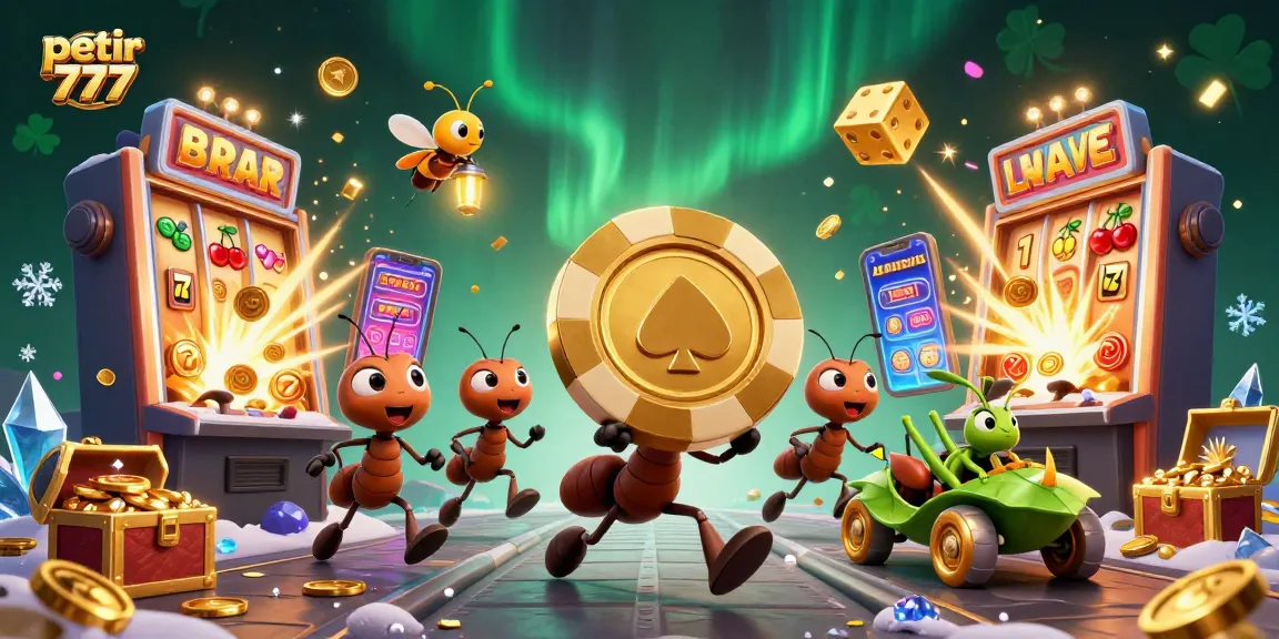 Experience a thrilling heist in a vibrant scene with petir 777's team of ants and jackpot excitement.