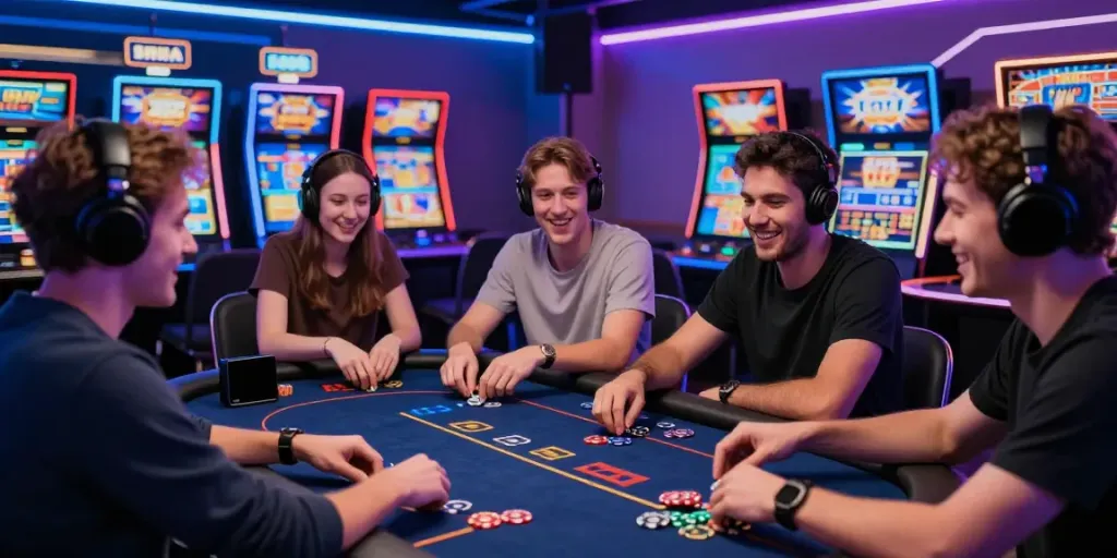 Betslots88 di kasino digital dengan pemain bersemangat dan mesin slot cerah