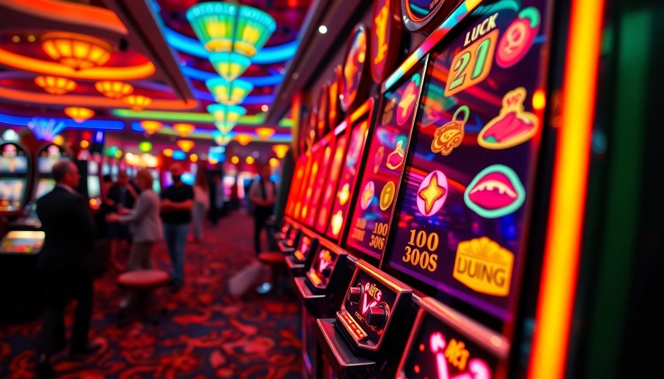 Menangkan slot dengan mesin permainan yang berkilau dan pemain bersemangat di kasino.